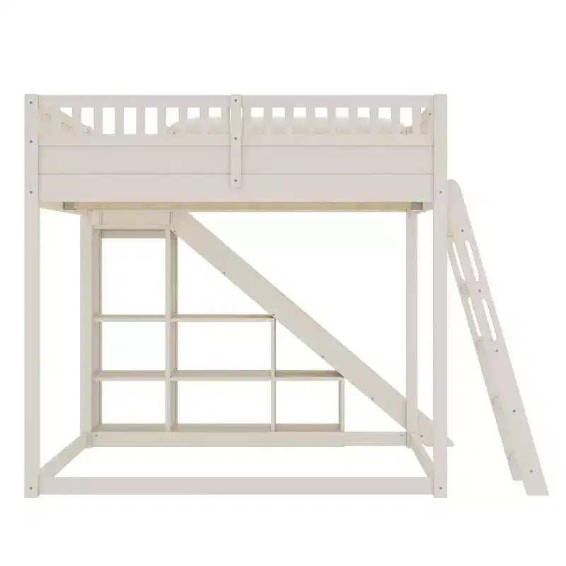 Letto a soppalco con testiera imbottita e ripiani contenitore, struttura letto a soppalco in legno massello con scala e scivolo per bambini
