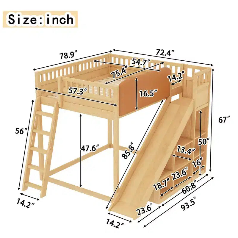 Letto a soppalco con testiera imbottita e ripiani contenitore, struttura letto a soppalco in legno massello con scala e scivolo per bambini