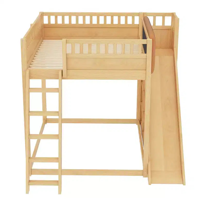 Letto a soppalco con testiera imbottita e ripiani contenitore, struttura letto a soppalco in legno massello con scala e scivolo per bambini