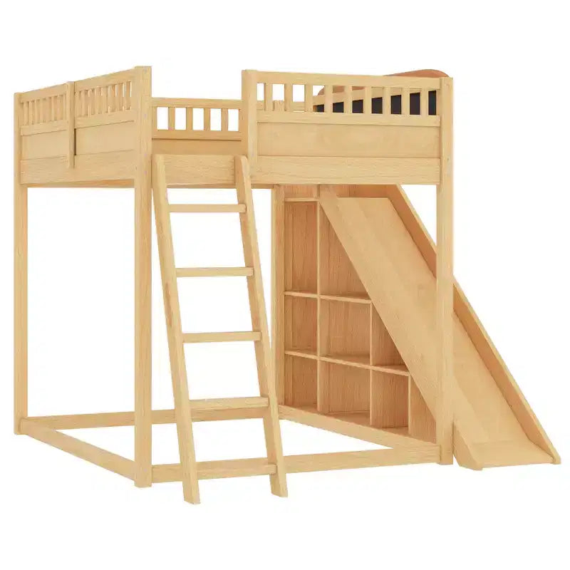 Letto a soppalco con testiera imbottita e ripiani contenitore, struttura letto a soppalco in legno massello con scala e scivolo per bambini