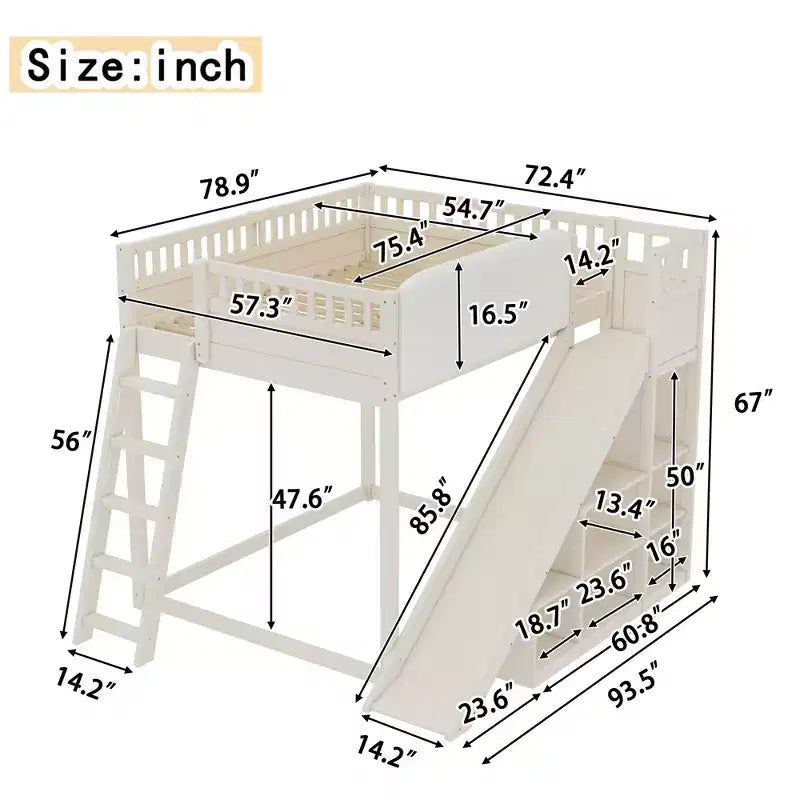 Letto a soppalco con testiera imbottita e ripiani contenitore, struttura letto a soppalco in legno massello con scala e scivolo per bambini