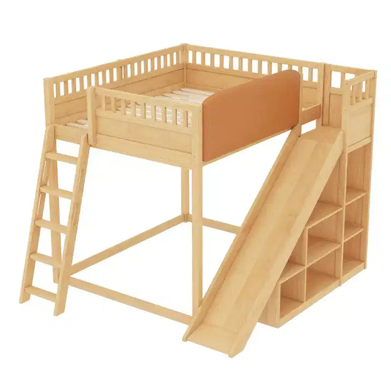 Letto a soppalco con testiera imbottita e ripiani contenitore, struttura letto a soppalco in legno massello con scala e scivolo per bambini
