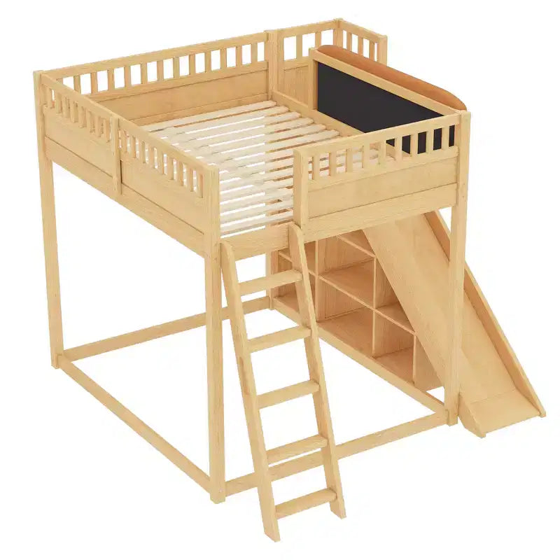 Letto a soppalco con testiera imbottita e ripiani contenitore, struttura letto a soppalco in legno massello con scala e scivolo per bambini