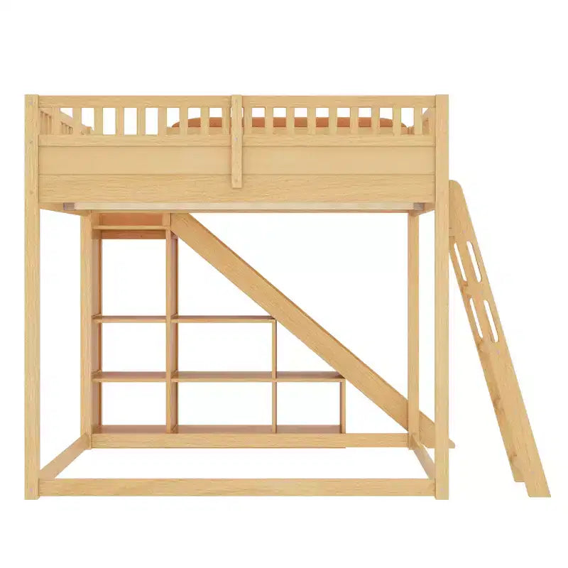 Letto a soppalco con testiera imbottita e ripiani contenitore, struttura letto a soppalco in legno massello con scala e scivolo per bambini
