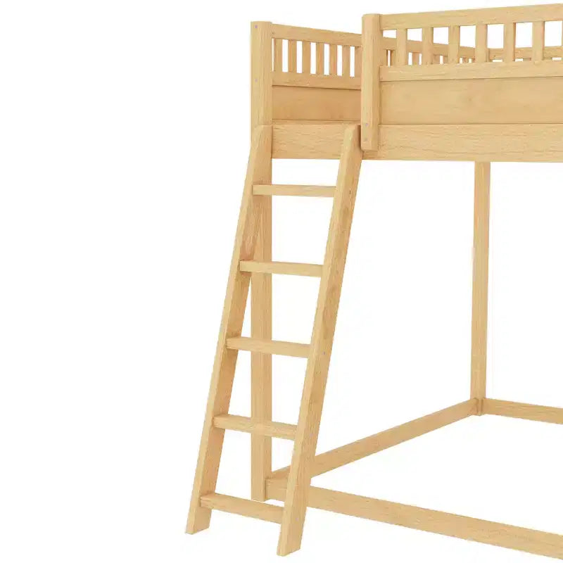 Letto a soppalco con testiera imbottita e ripiani contenitore, struttura letto a soppalco in legno massello con scala e scivolo per bambini
