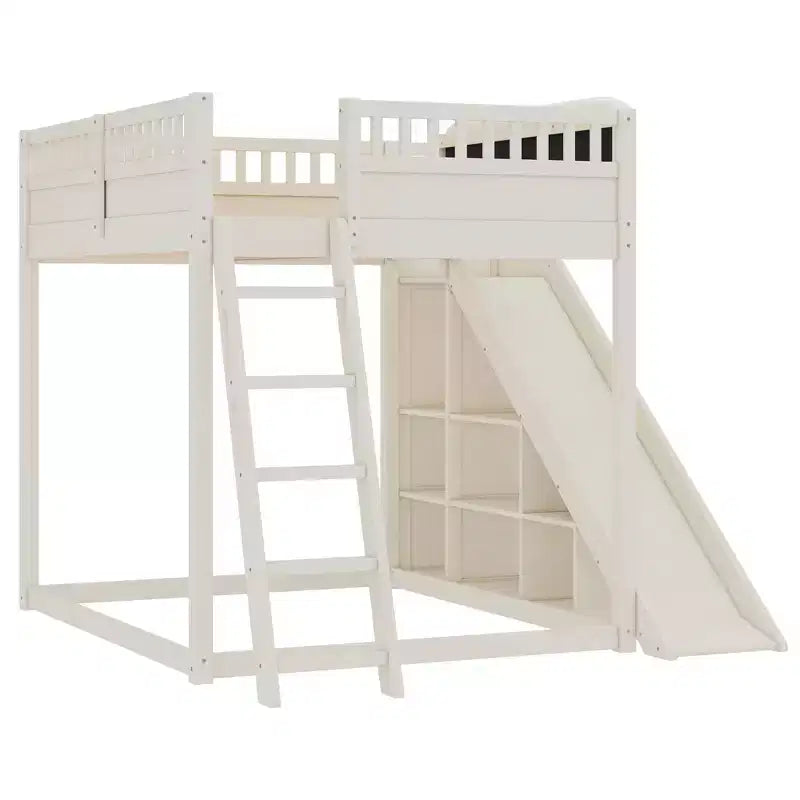 Letto a soppalco con testiera imbottita e ripiani contenitore, struttura letto a soppalco in legno massello con scala e scivolo per bambini