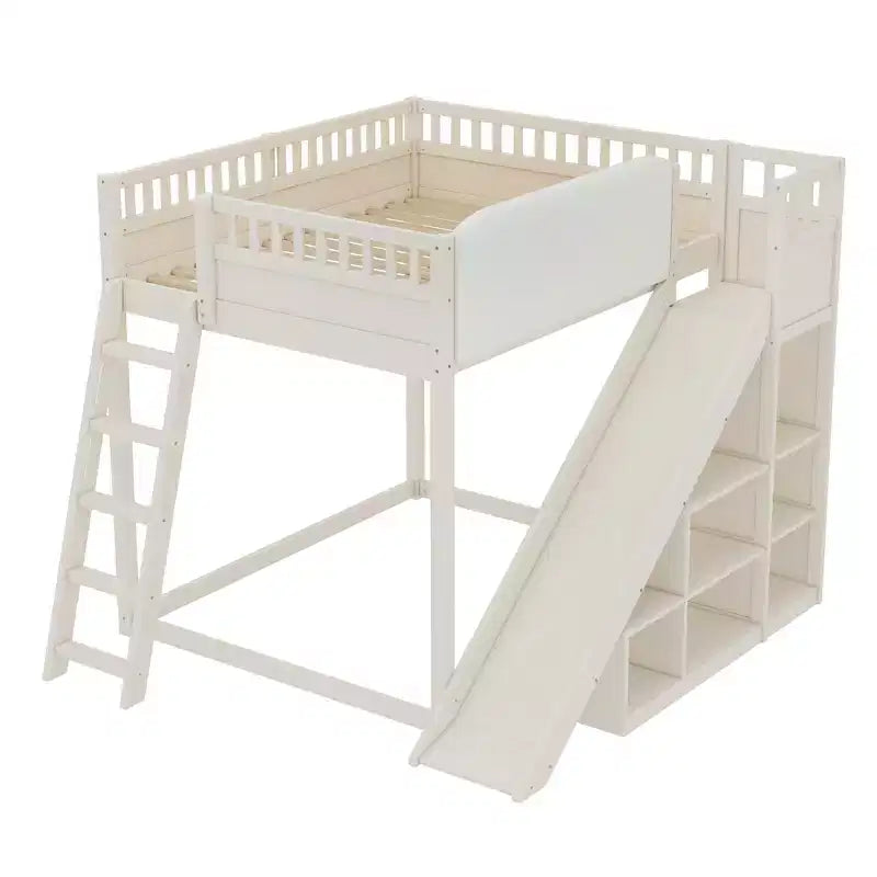 Letto a soppalco con testiera imbottita e ripiani contenitore, struttura letto a soppalco in legno massello con scala e scivolo per bambini