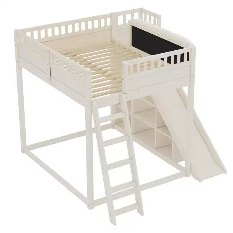 Letto a soppalco con testiera imbottita e ripiani contenitore, struttura letto a soppalco in legno massello con scala e scivolo per bambini