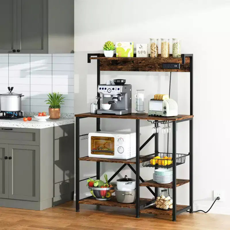 Scaffale da cucina con presa di corrente, ripiani contenitore aperti da 34,7 con cestino in filo metallico, supporto per microonde da cucina con 6 ganci a forma di S