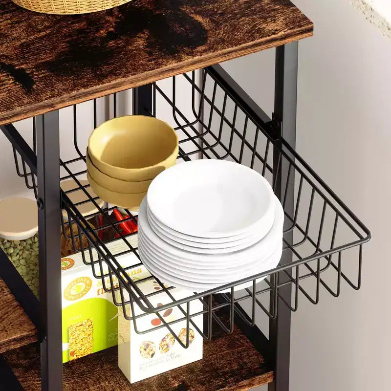 Scaffale da cucina con presa di corrente, ripiani contenitore aperti da 34,7 con cestino in filo metallico, supporto per microonde da cucina con 6 ganci a forma di S