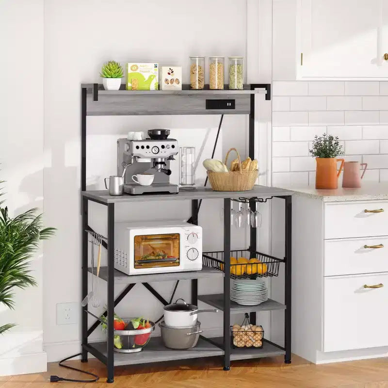 Scaffale da cucina con presa di corrente, ripiani contenitore aperti da 34,7 con cestino in filo metallico, supporto per microonde da cucina con 6 ganci a forma di S