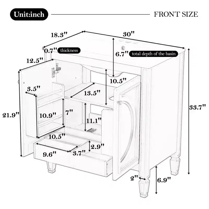 Mobile bagno da 30 con lavabo, mobile contenitore da bagno con cassetto, anta e ripiano, mobile bagno con lavabo singolo