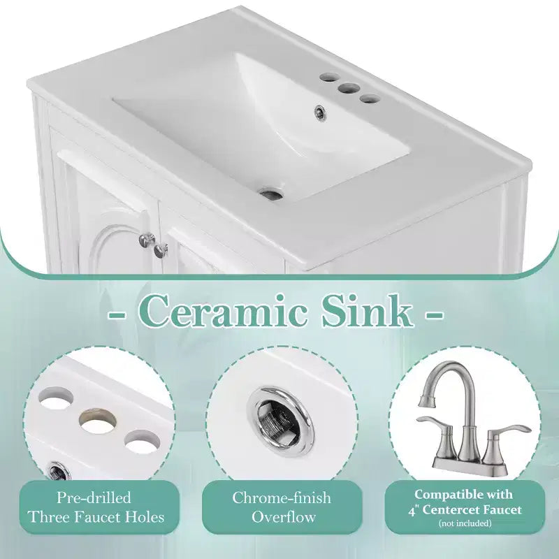 Mobile bagno da 30 con lavabo, mobile contenitore da bagno con cassetto, anta e ripiano, mobile bagno con lavabo singolo