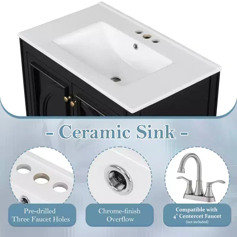Mobile bagno da 30 con lavabo, mobile contenitore da bagno con cassetto, anta e ripiano, mobile bagno con lavabo singolo