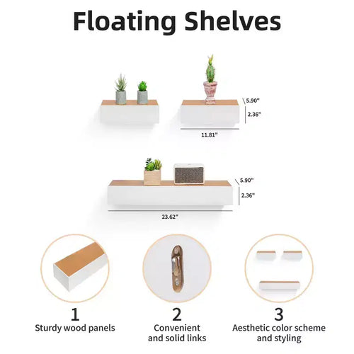 Ripiano sospeso da 23,6 in acero e bianco, con supporto invisibile, montaggio a parete in legno, perfetto per arredare bagno, camera da letto e cucina o esporre libri e piante, facile da installare.